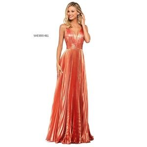 Sherri Hill Metallic Coral Orange Pleated V-Neck Formal Gown Braided Straps 12